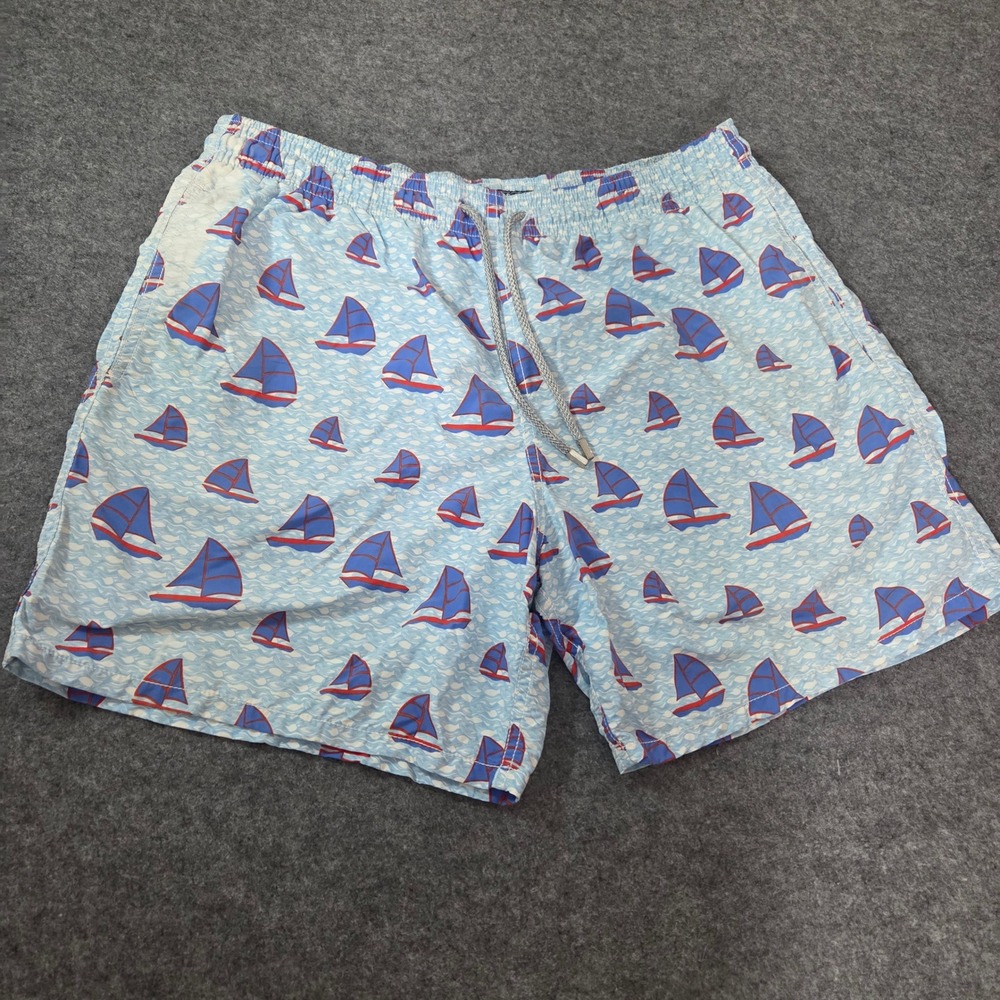 Vilebrequin Moorea Sailboat Print Swim Trunks Mens XL Blue Red Nautical Shorts